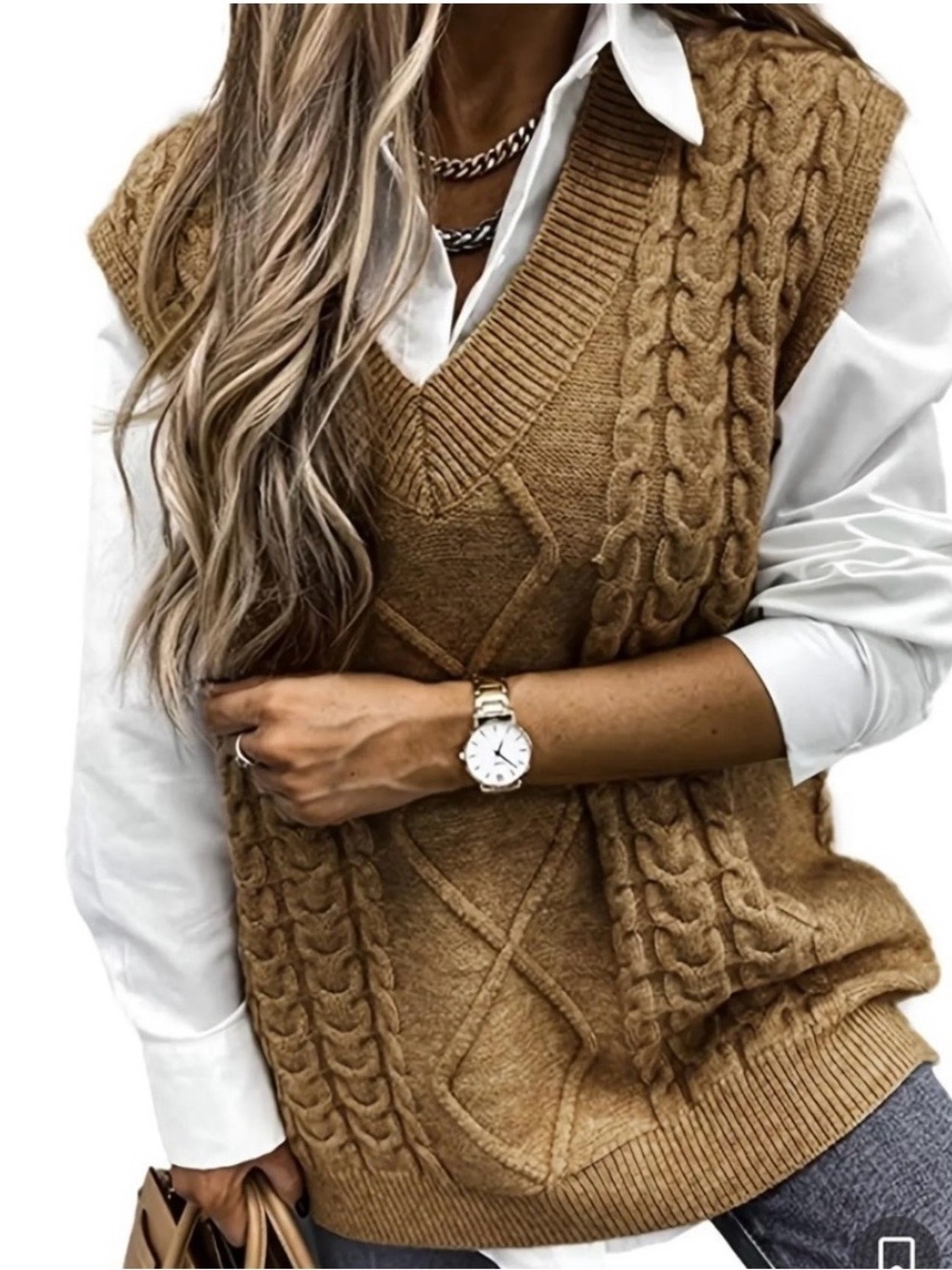 Cable Knit V-Neck Sweater Vest in Camel
